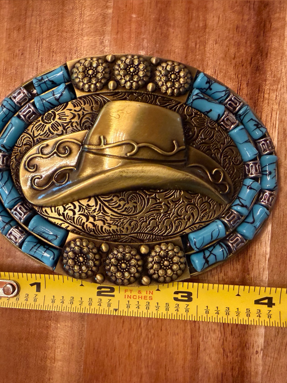 Ornate Turquoise and Brass Western Belt Buckle